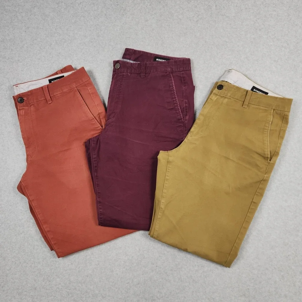 Bonobos Pants 34x30 Red Green Orange Slim Fit Chino Golf Stretch 3 Pairs Bundle - Picture 1 of 16